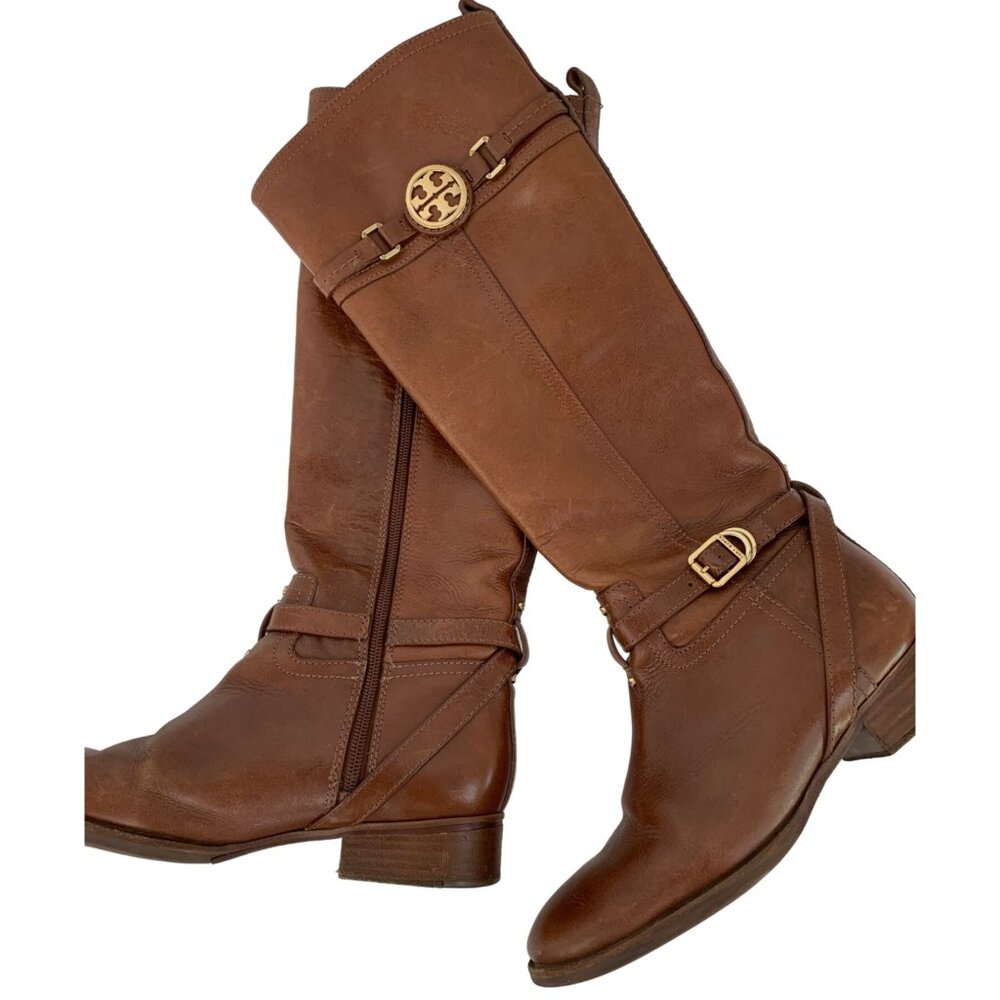 Tory Burch Leather Riding Boots Size 8.5M Brown Equestrian Brazil Zip GUC 7930